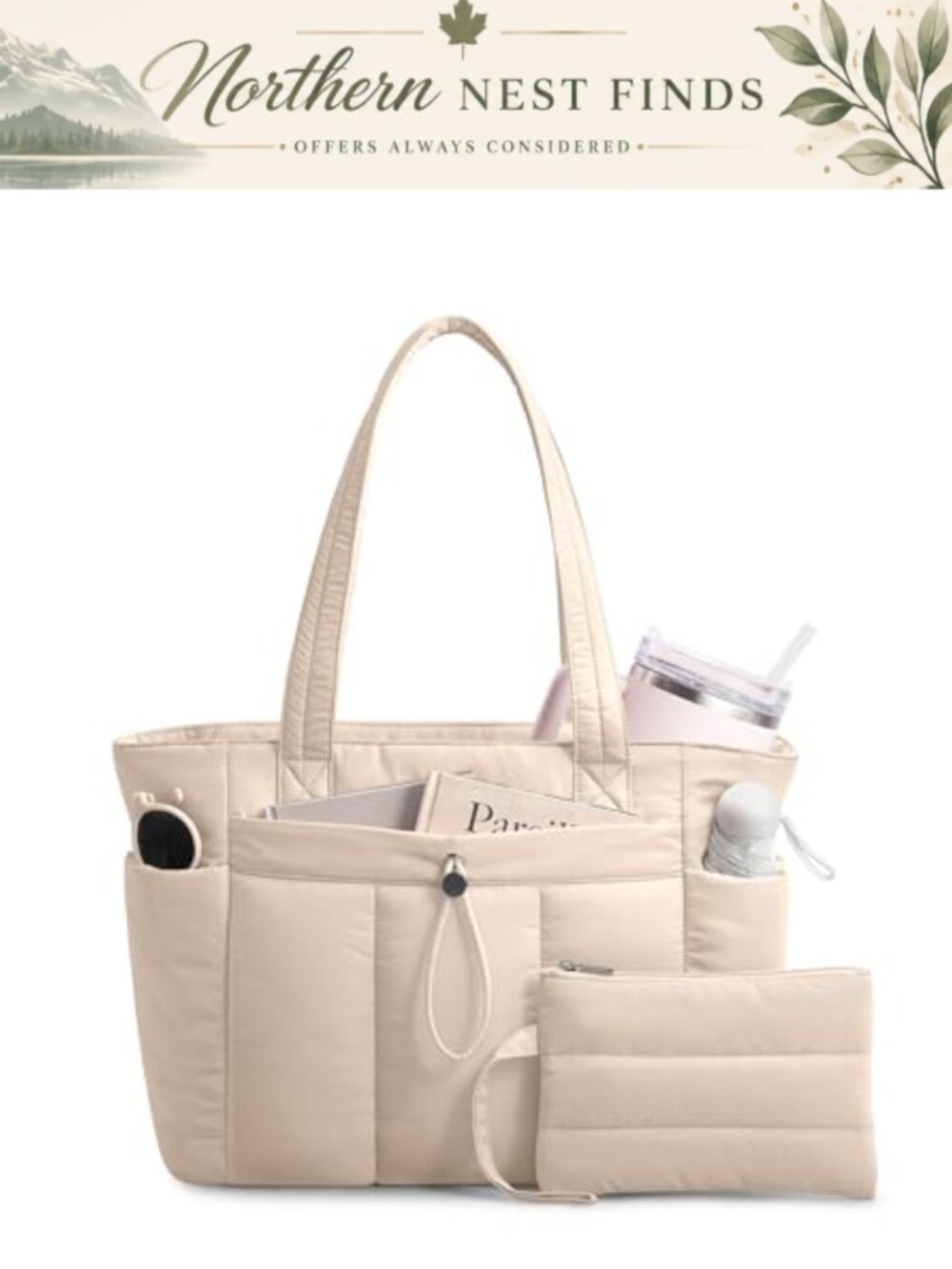 Puffy Tote Bag with Laptop Sleeve, Trolley Sleeve & 9 Pockets